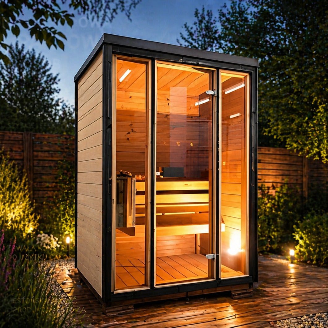 Kelohus Kubb — kubbeformet sauna i vertikale trelameller for 1–2 personer fra Kelohus