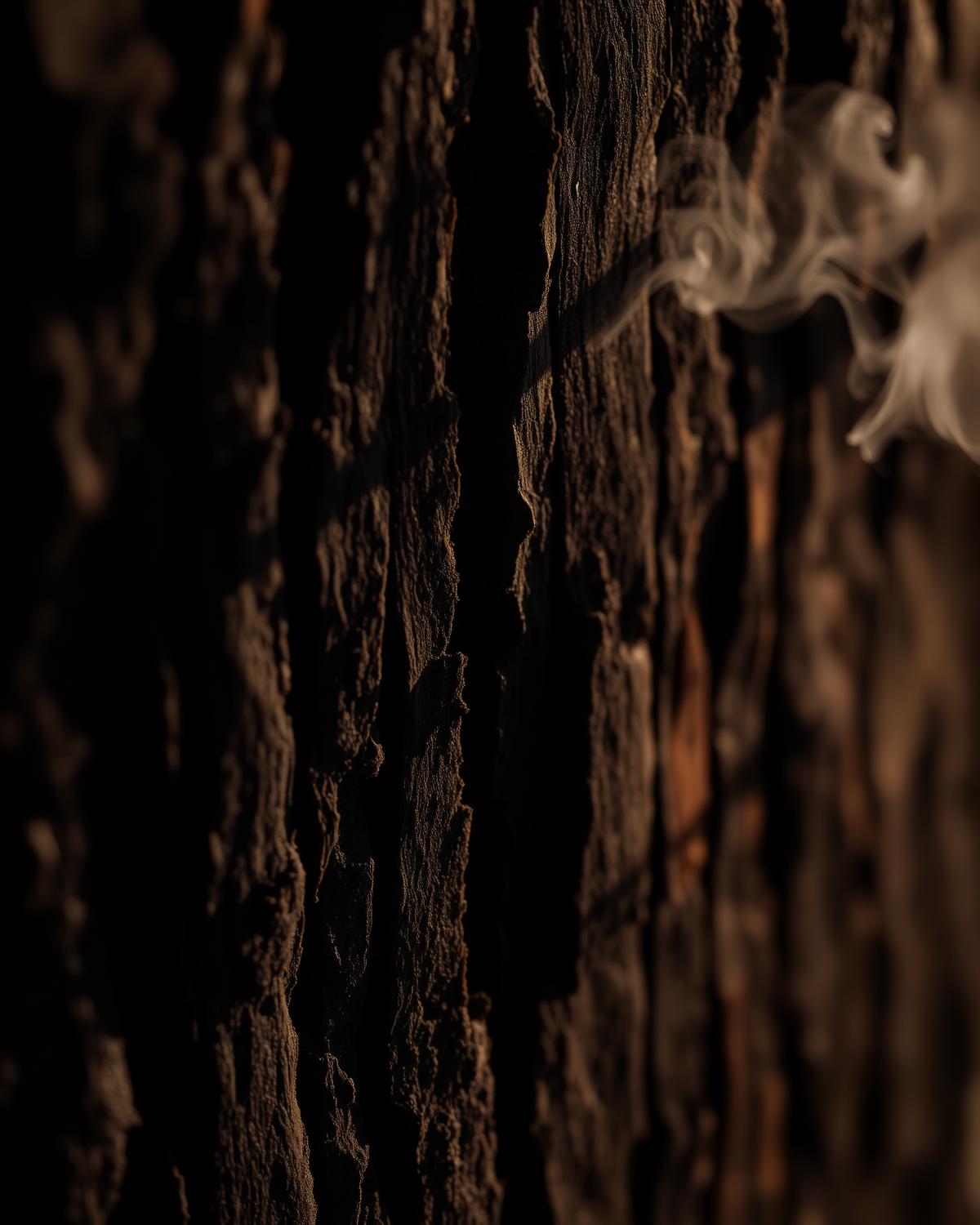 Charred cedar wood texture with soft steam rising