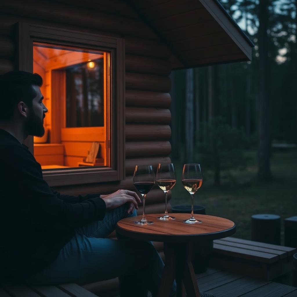 Et par ved siden av en glødende badstue i skumringen med vinglass