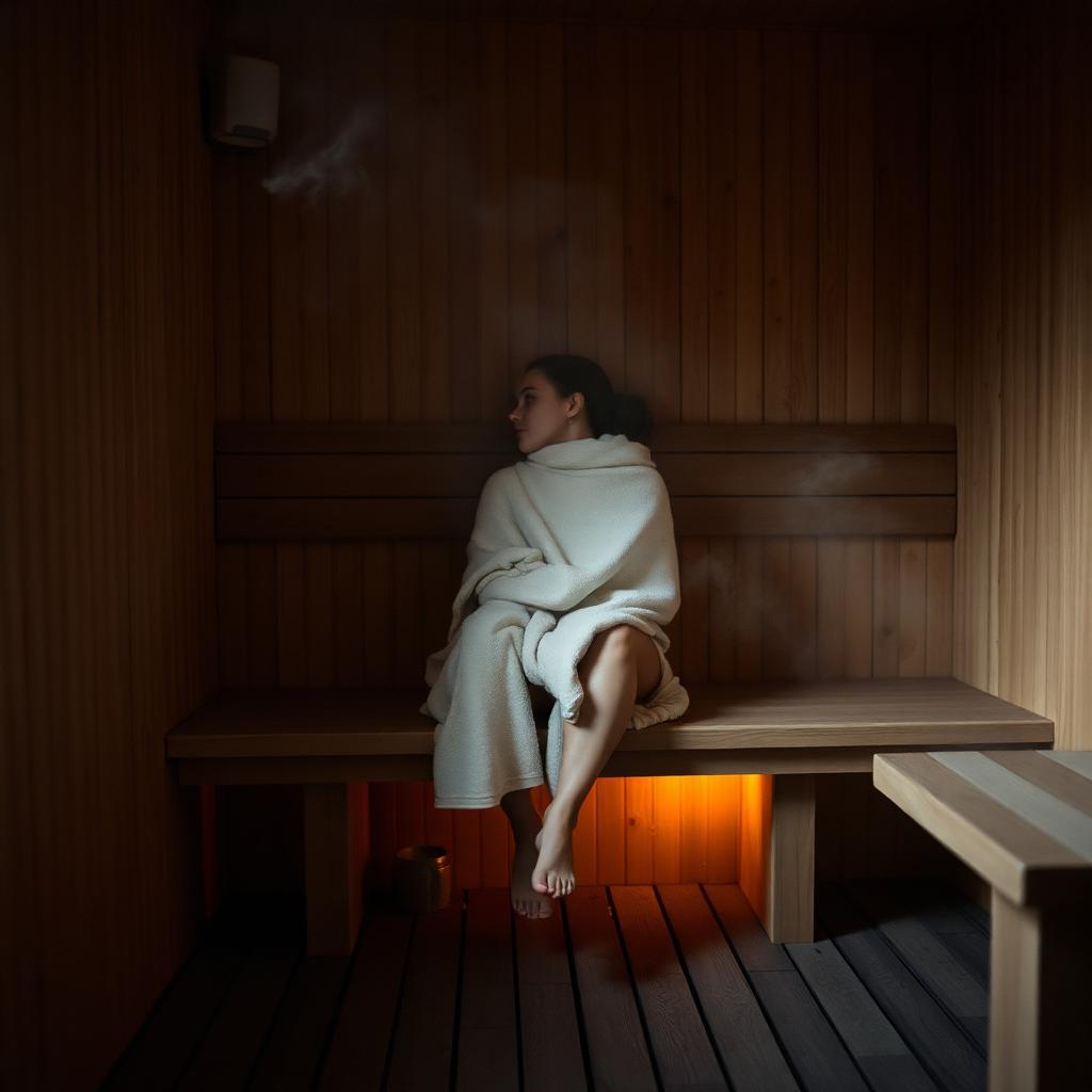 En person alene i en varm sauna, dempet amber lys